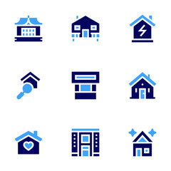 Real estate icon set. Bold style. Duotone colors. house, bungalow, efficient, kiosk, home, property, clean house