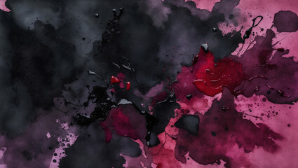 Abstract dark and moody watercolor background with deep red, black, and purple hues, featuring expressive fluid textures and ink splatters