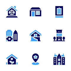 Real estate icon set. Bold style. Duotone colors. house, real estate, basement, condominium, eco house, location, mansion