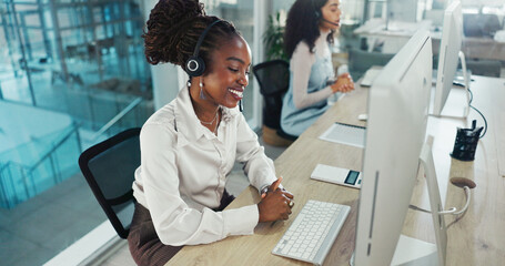 Customer service, talking and woman with headset, computer and consulting for sales on website and...