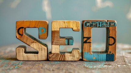Wooden letters spelling SEO on rustic table, focus on words. Possible use educational, marketing