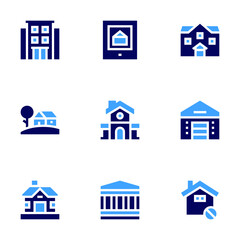 Real estate icon set. Bold style. Duotone colors. real estate, condominium, mansion, house, home, warehouse, diplomatic