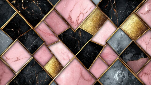 Abstract geometric pattern of pink and black marble squares with gold accents