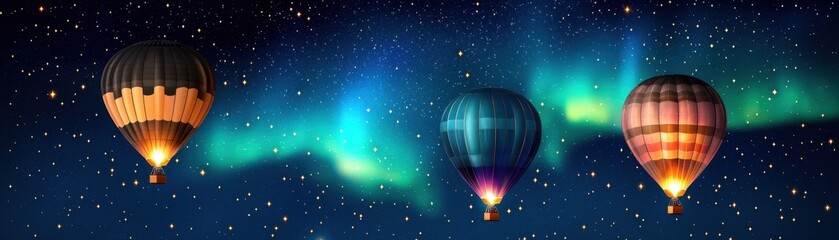 Obraz premium Sky scene with floating hot air balloon concept. Colorful hot air balloons against a starry northern lights backdrop