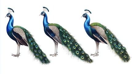 Fototapeta premium set of four peacocks animal bird white background. 