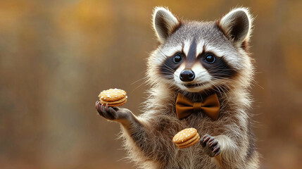 Mischievous raccoon juggling cookies with bow tie
