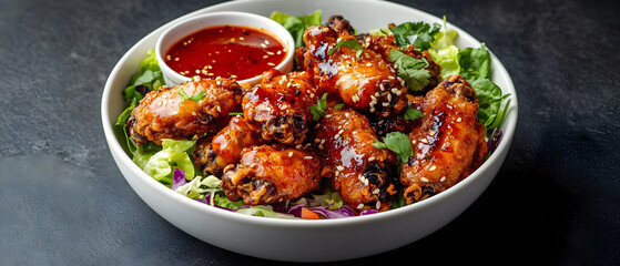 Fototapeta premium Glazed chicken wings salad bowl