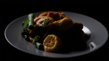 Low-key Close-up of a Delicious Sauteed Dish with Citrus and Herbs
