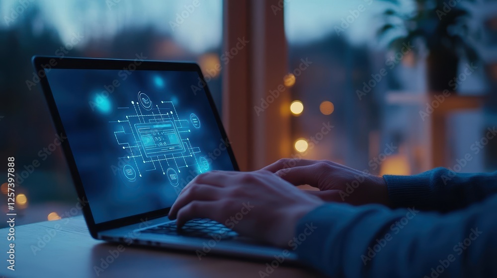 Poster Person using laptop displaying blueprint design on the screen in a modern working environment