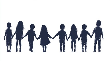 Fototapeta premium Children holding hands, walking, white background, friendship