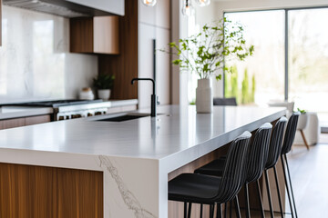 Fototapeta premium Modern Kitchen Island With White Marble Countertop