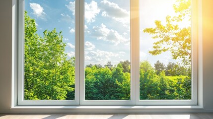 A spacious glass apartment window frames a lush green forest, meeting the horizon under a tranquil sky. Soft natural light fills the room, perfect for copy space.