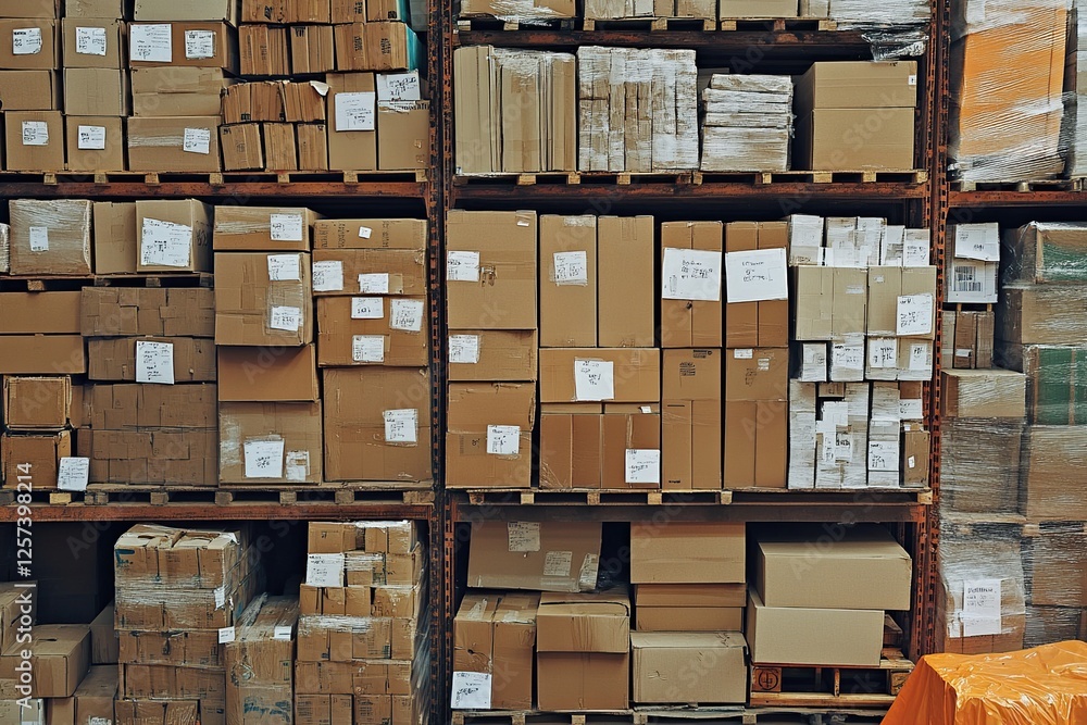 Poster warehouse inventory: stacked cardboard boxes efficiently stored on wooden pallets, optimizing space 
