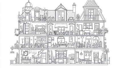 Cross-section Victorian house, interior design, furniture, rooms, illustration, home decor