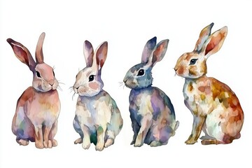 Fototapeta premium set of four watercolor rabbits isolated on white background