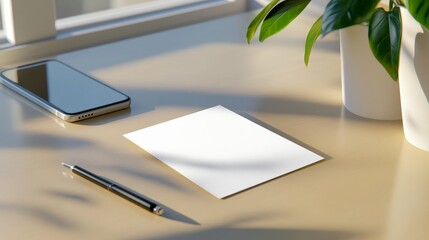 A minimalist workspace featuring a blank sheet of paper, smartphone, and a potted plant in sunlight