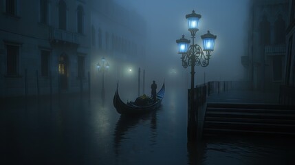 A gondola in the foggy Venice, a mystic blue lights on street
