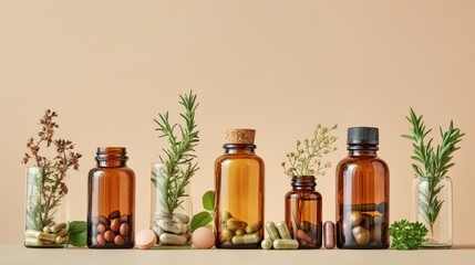Herbal remedies and supplements in glass bottles.  Health, wellness, natural