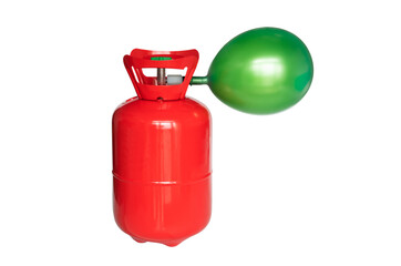 red helium gas cylinder for inflating balloons isolated on white background