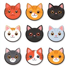 Fototapeta premium Nine Adorable Cartoon Cat Faces Cute Pet Icons Happy Animals Digital Illustrations Vector Graphics Design Elements Perfect for Kids Projects Websites 