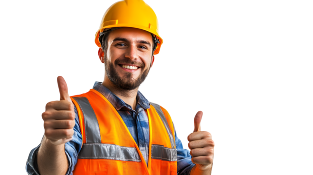 A Smiling Engineer Man or Construction Worker with Safety Helmet, Showing Thumbs Up, Isolated on White Background