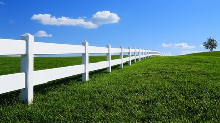 A stretch of green pasture meets a fresh white fence under a bright blue sky, evoking peace and simplicity.