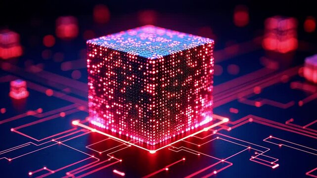 A vibrant, illuminated 3D cube made of digital particles, set against a dark technological background