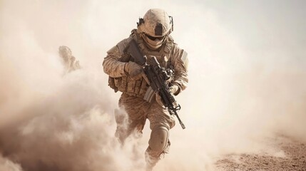 Fototapeta premium Soldier Charging Through Dusty Battlefield Scene