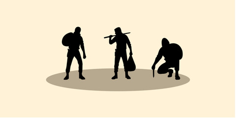 Graphic set silhouette of robber concept. 2D icon of man shadow dark. vector illustration.