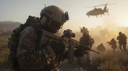 Fototapeta premium Soldier In Early Morning Combat Mission