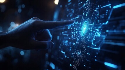 Fototapeta premium Hand interacts with futuristic digital interface; glowing background