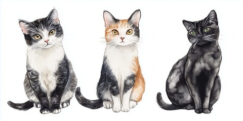 set of three sitting cats on white background, watercolor drawing