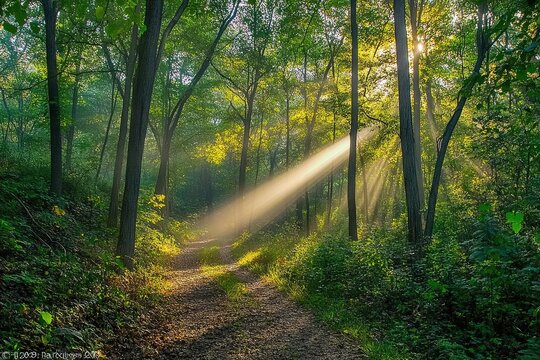 Sunbeam Path Forest Trail Morning Mist Nature Serenity