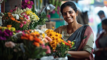 Fototapeta premium Indian cheerful florist on her flower shop