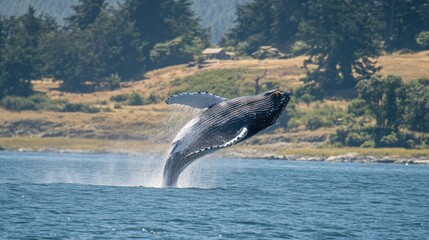 Fototapeta premium A humpback whale breaches the water, showcasing its size and grace in a natural setting.
