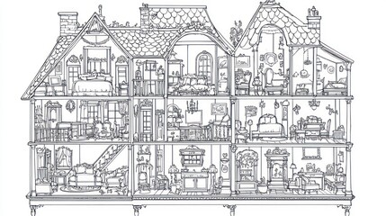 Dollhouse cutaway, interior rooms, furniture, home design