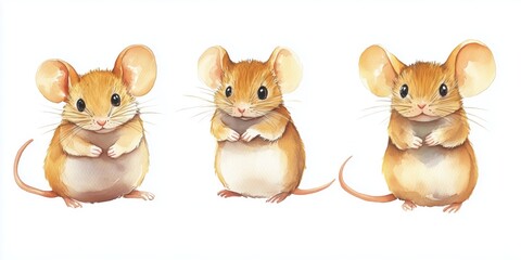 Obraz premium set of three watercolor illustration of mouses, clipart, isolate on white background
