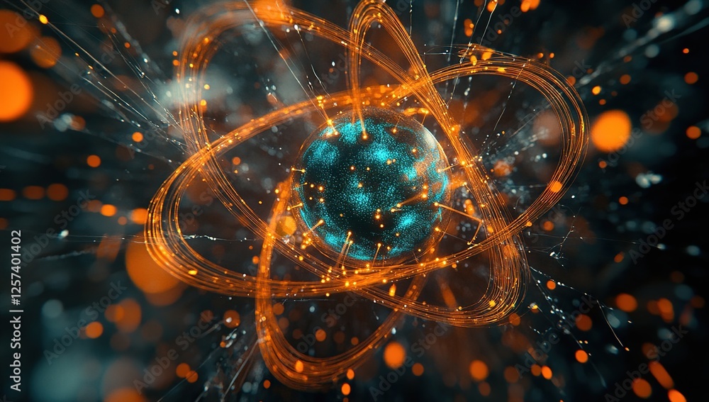 Poster exploring atom structure: unveiling quantum mysteries with 3d visualization and simulations, delving