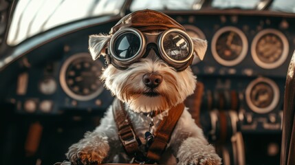 West Highland White Terrier Pilot Wearing Goggles in Vintage Airplane Cockpit