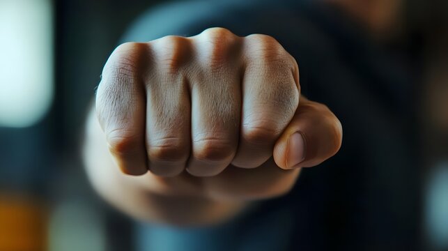 Close-up of a clenched fist symbolizing strength and determination in a dynamic indoor setting