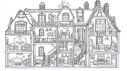 Naklejka premium Detailed cutaway dollhouse interior, showing rooms and furniture, ideal for children's book illustration