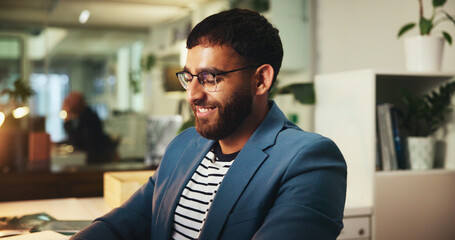 Idea, thinking and business man in office with creative insight, problem solving and overtime at...