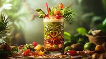 Tropical tiki cocktail garnished with exotic fruits in jungle setting