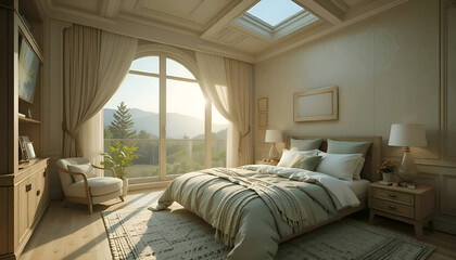luxury bedroom with morning light from glass wall. Ai generated image