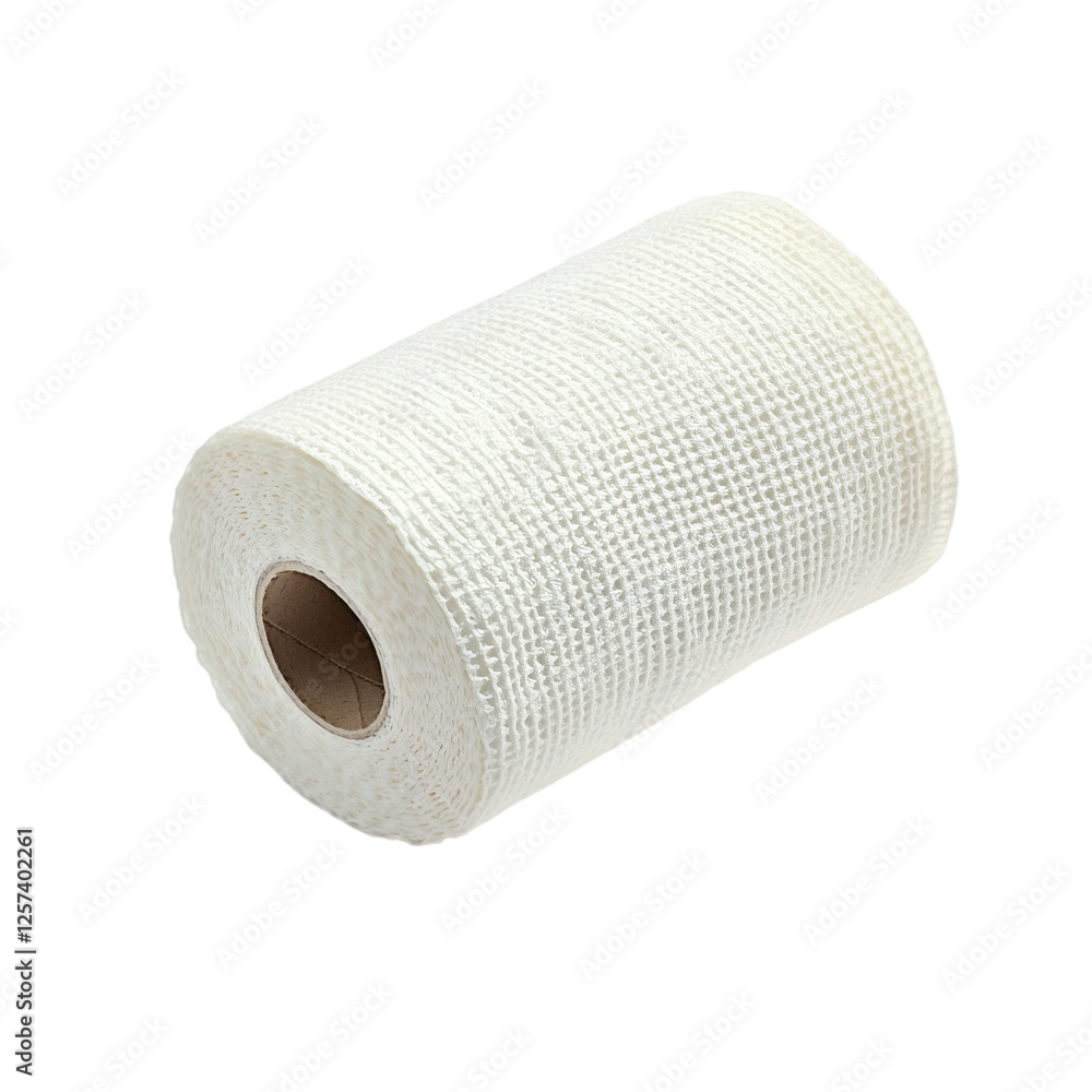 Poster realistic high-quality isolated object of a roll of bandages, neatly rolled gauze with soft texture, essential first-aid supply, medical dressing material, on a white background, no object touching