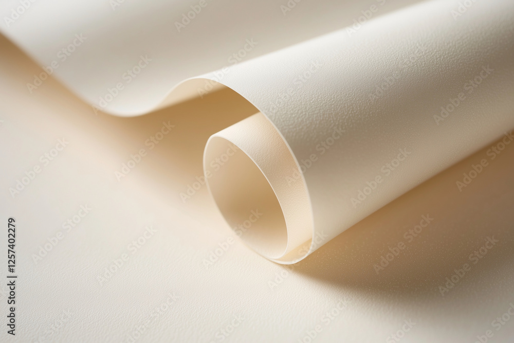 Poster white sheet of paper is rolled up and has a shiny, smooth surface. the paper appears to be a type of