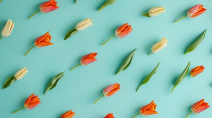 Fototapeta premium Tulip buds scattered with a polka-dot pattern overlay