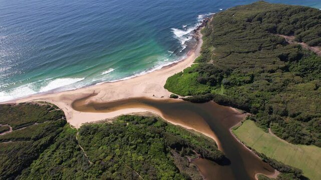 Glenrock Lagoon With Glenrock Beach In NSW, Australia - Aerial Shot