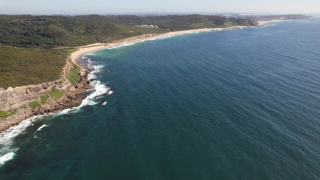 Little Redhead Cliff Top Walk And Glenrock Beach In New South Wales, Australia - Aerial Drone Shot