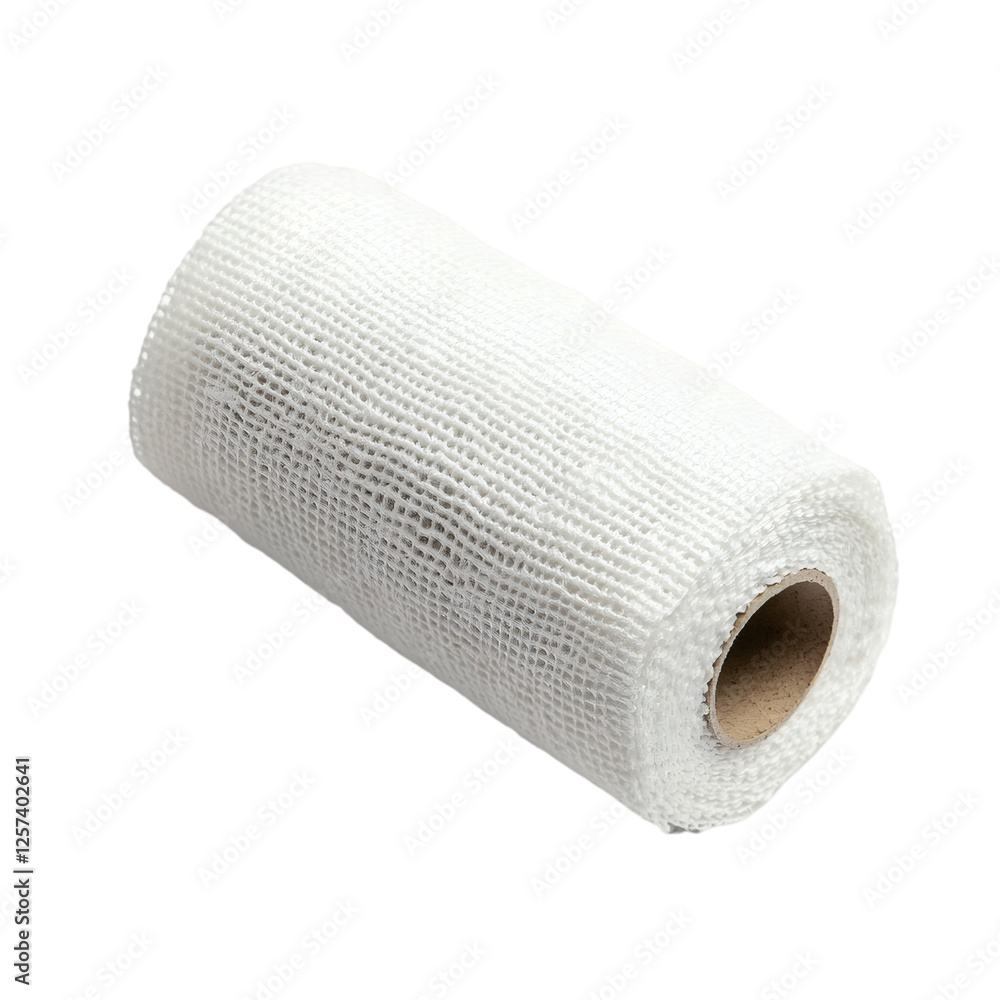Poster realistic high-quality isolated object of a roll of bandages, neatly rolled gauze with soft texture, essential first-aid supply, medical dressing material, on a white background, no object touching